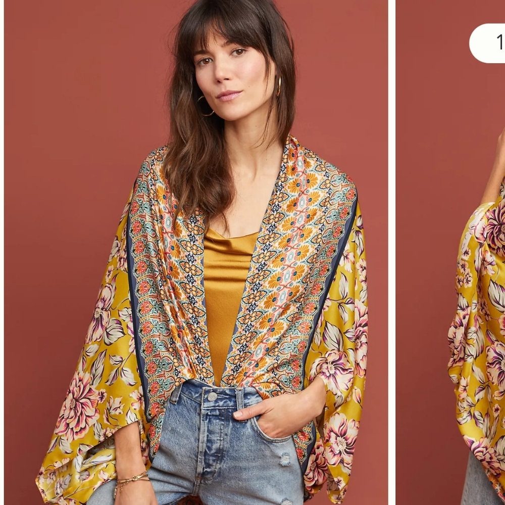 Anthropologie Floral Silk Cocoon Kimono